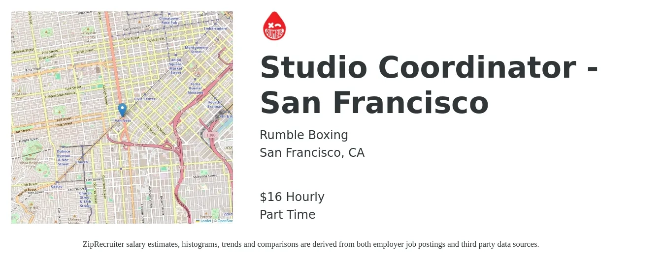 Rumble Boxing job posting for a Studio Coordinator - San Francisco in San Francisco, CA with a salary of $17 Hourly with a map of San Francisco location.