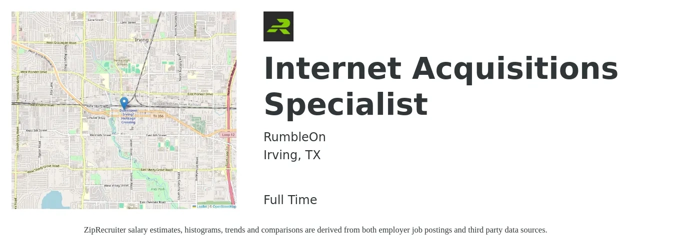 RumbleOn job posting for a Internet Acquisitions Specialist in Irving, TX with a map of Irving location.
