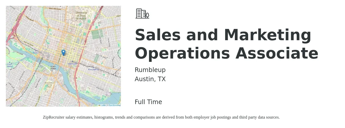 RumbleUp job posting for a Sales and Marketing Operations Associate in Austin, TX with a salary of $40,600 to $54,500 Yearly with a map of Austin location.