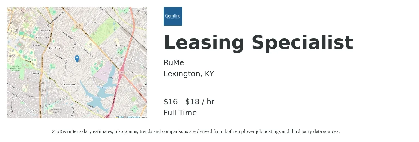 RuMe job posting for a Leasing Specialist in Lexington, KY with a salary of $17 to $19 Hourly with a map of Lexington location.