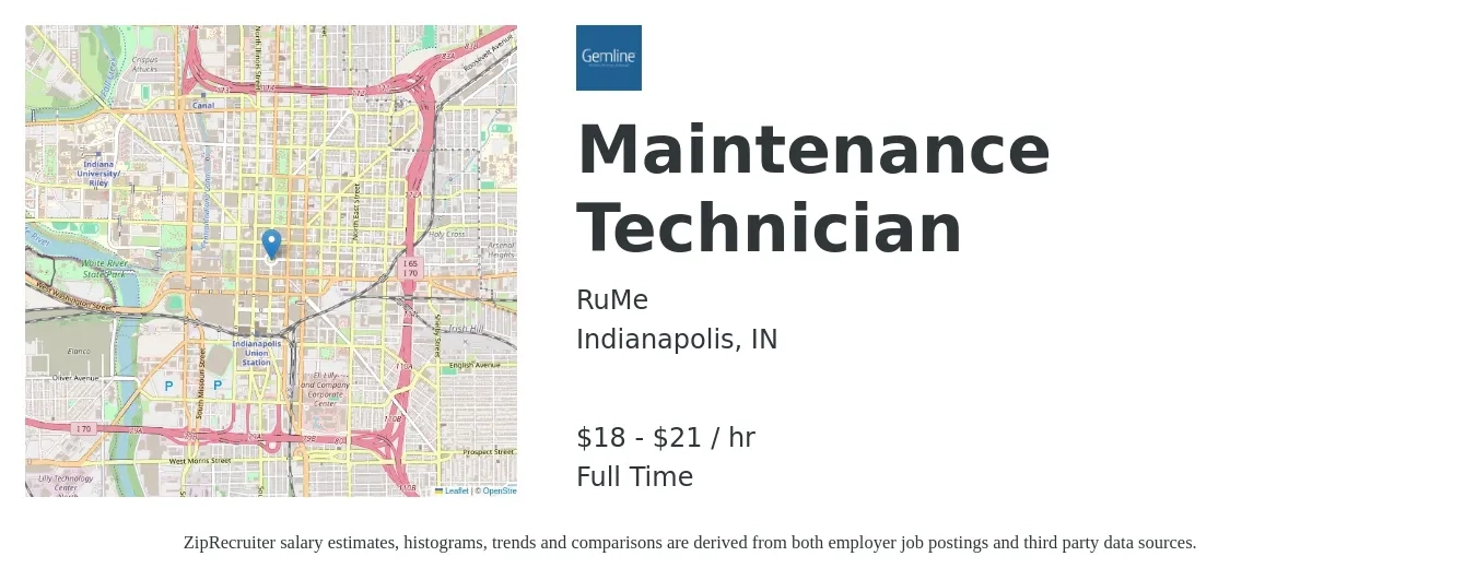 RuMe job posting for a Maintenance Technician in Indianapolis, IN with a salary of $19 to $22 Hourly with a map of Indianapolis location.
