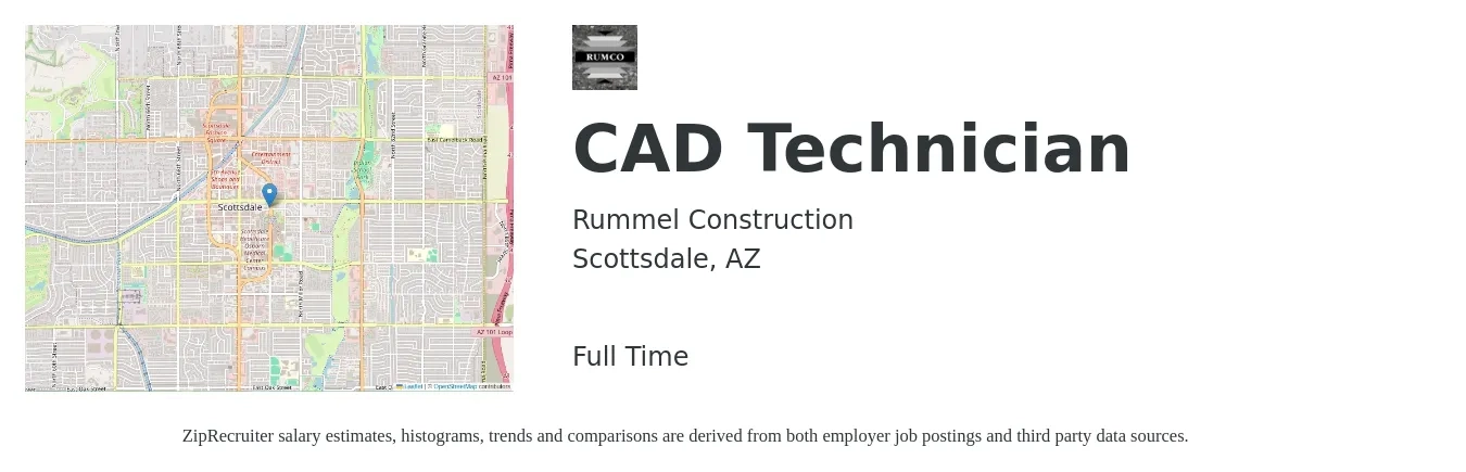 Rummel Construction job posting for a CAD Technician in Scottsdale, AZ with a salary of $22 to $32 Hourly with a map of Scottsdale location.