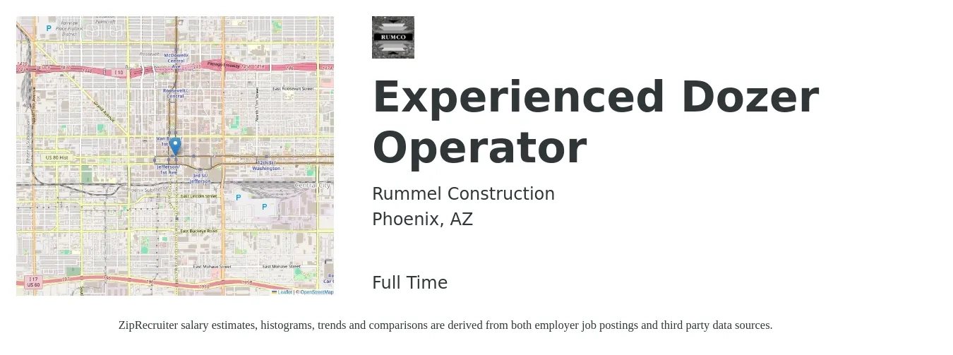 Rummel Construction job posting for a Experienced Dozer Operator in Phoenix, AZ with a salary of $20 to $28 Hourly with a map of Phoenix location.