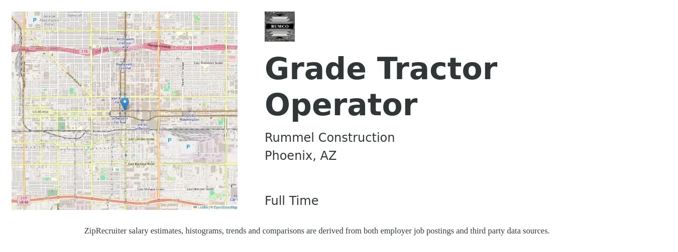 Rummel Construction job posting for a Grade Tractor Operator in Phoenix, AZ with a salary of $20 to $27 Hourly with a map of Phoenix location.