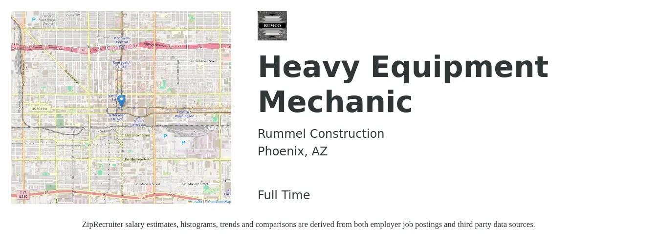 Rummel Construction job posting for a Heavy Equipment Mechanic in Phoenix, AZ with a salary of $26 to $34 Hourly with a map of Phoenix location.