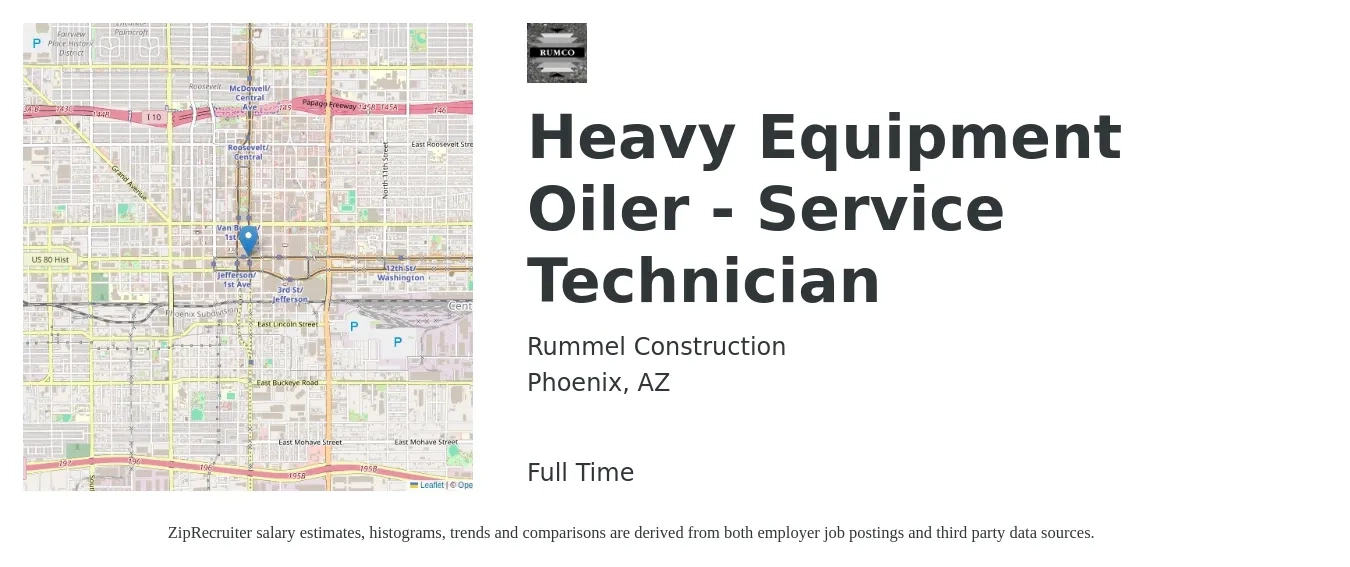 Rummel Construction job posting for a Heavy Equipment Oiler - Service Technician in Phoenix, AZ with a salary of $24 to $32 Hourly with a map of Phoenix location.