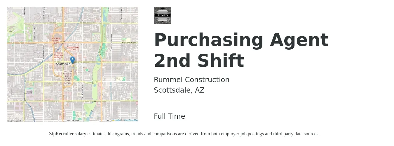 Rummel Construction job posting for a Purchasing Agent 2nd Shift in Scottsdale, AZ with a salary of $43,900 to $61,200 Yearly with a map of Scottsdale location.