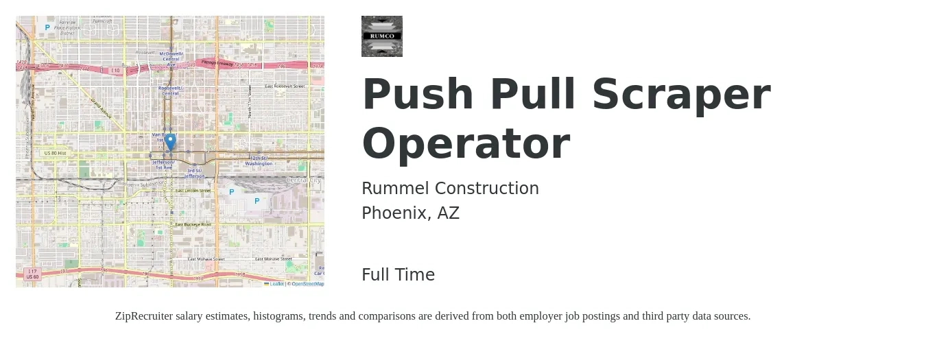 Rummel Construction job posting for a Push Pull Scraper Operator in Phoenix, AZ with a salary of $18 Hourly with a map of Phoenix location.