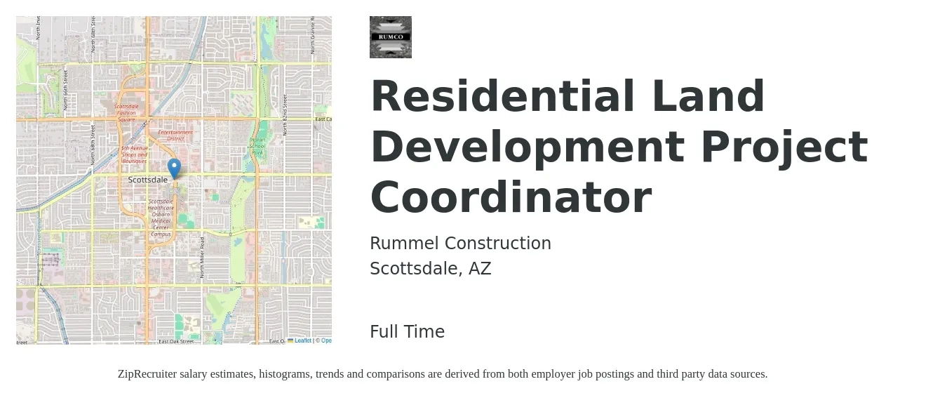 Rummel Construction job posting for a Residential Land Development Project Coordinator in Scottsdale, AZ with a salary of $49,000 to $70,400 Yearly with a map of Scottsdale location.