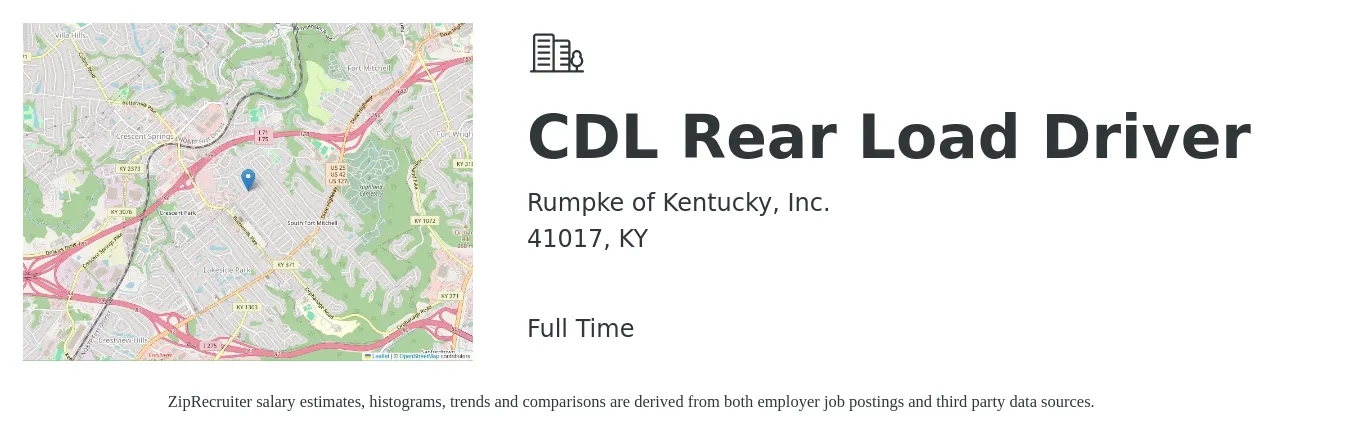 Rumpke of Kentucky, Inc. job posting for a CDL Rear Load Driver in 41017, KY with a salary of $24 to $41 Hourly with a map of 41017 location.