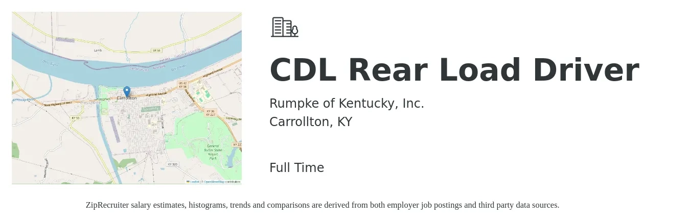 Rumpke of Kentucky, Inc. job posting for a CDL Rear Load Driver in Carrollton, KY with a salary of $24 to $41 Hourly with a map of Carrollton location.