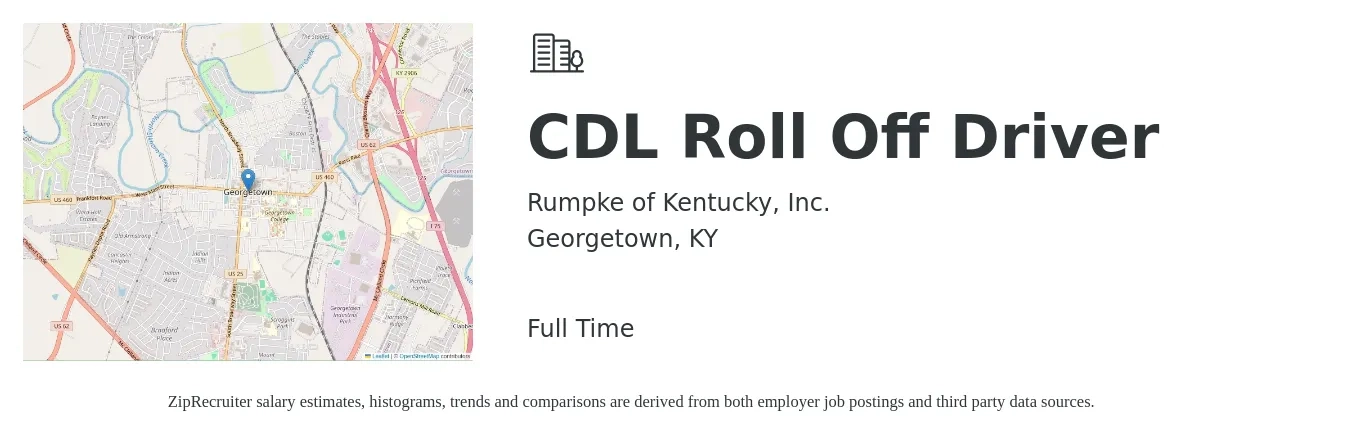 Rumpke of Kentucky, Inc. job posting for a CDL Roll Off Driver in Georgetown, KY with a salary of $19 to $24 Hourly with a map of Georgetown location.