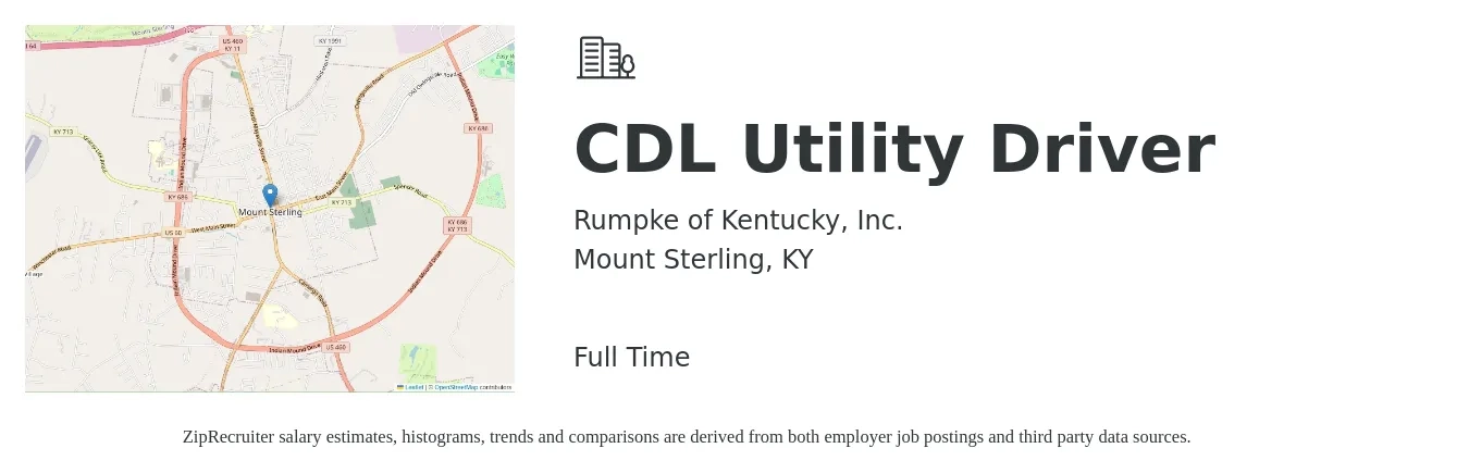 Rumpke of Kentucky, Inc. job posting for a CDL Utility Driver in Mount Sterling, KY with a salary of $21 to $36 Hourly with a map of Mount Sterling location.