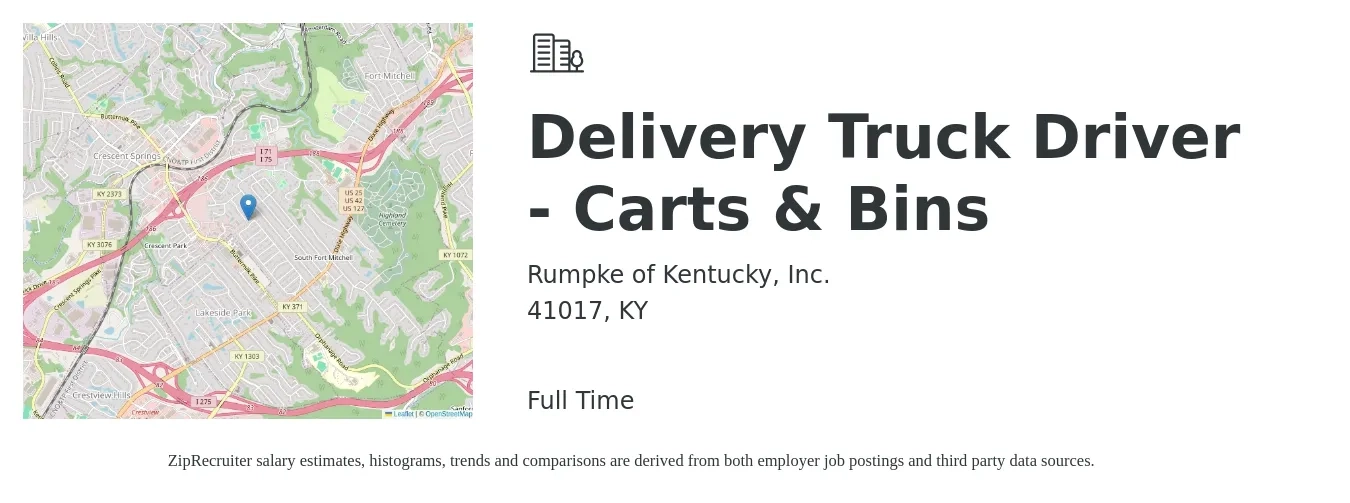 Rumpke of Kentucky, Inc. job posting for a Delivery Truck Driver - Carts & Bins in 41017, KY with a salary of $19 to $28 Hourly with a map of 41017 location.