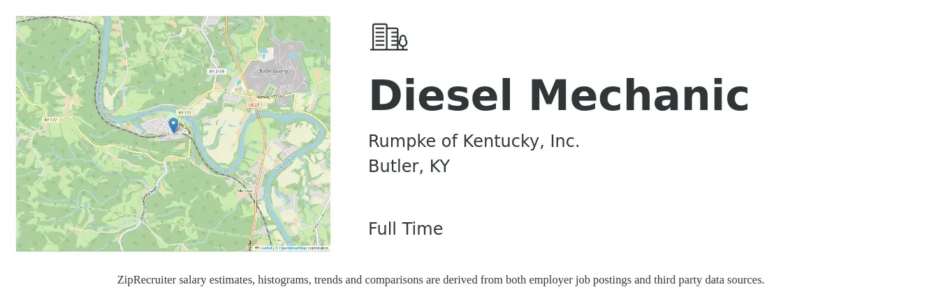 Rumpke of Kentucky, Inc. job posting for a Diesel Mechanic in Butler, KY with a salary of $26 to $34 Hourly with a map of Butler location.