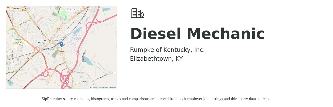 Rumpke of Kentucky, Inc. job posting for a Diesel Mechanic in Elizabethtown, KY with a salary of $23 to $30 Hourly with a map of Elizabethtown location.