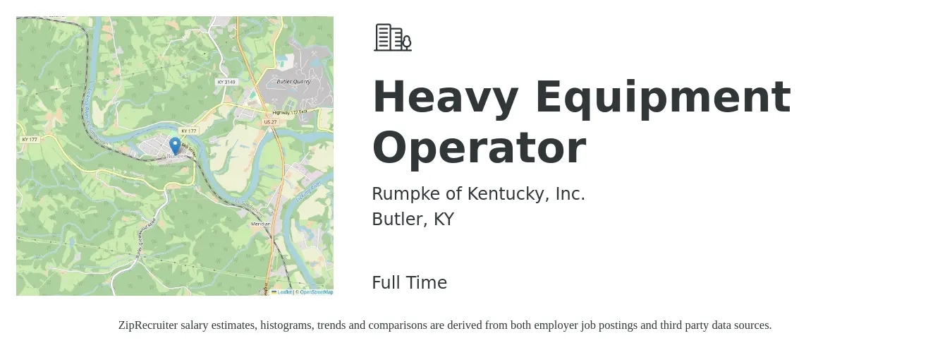 Rumpke of Kentucky, Inc. job posting for a Heavy Equipment Operator in Butler, KY with a salary of $21 to $29 Hourly with a map of Butler location.