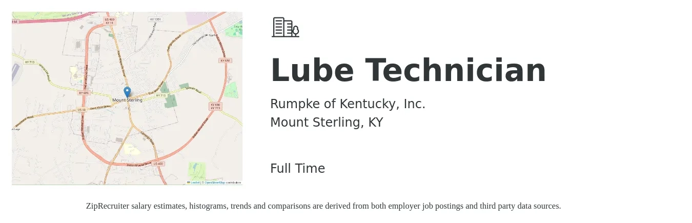 Rumpke of Kentucky, Inc. job posting for a Lube Technician in Mount Sterling, KY with a salary of $12 to $16 Hourly with a map of Mount Sterling location.