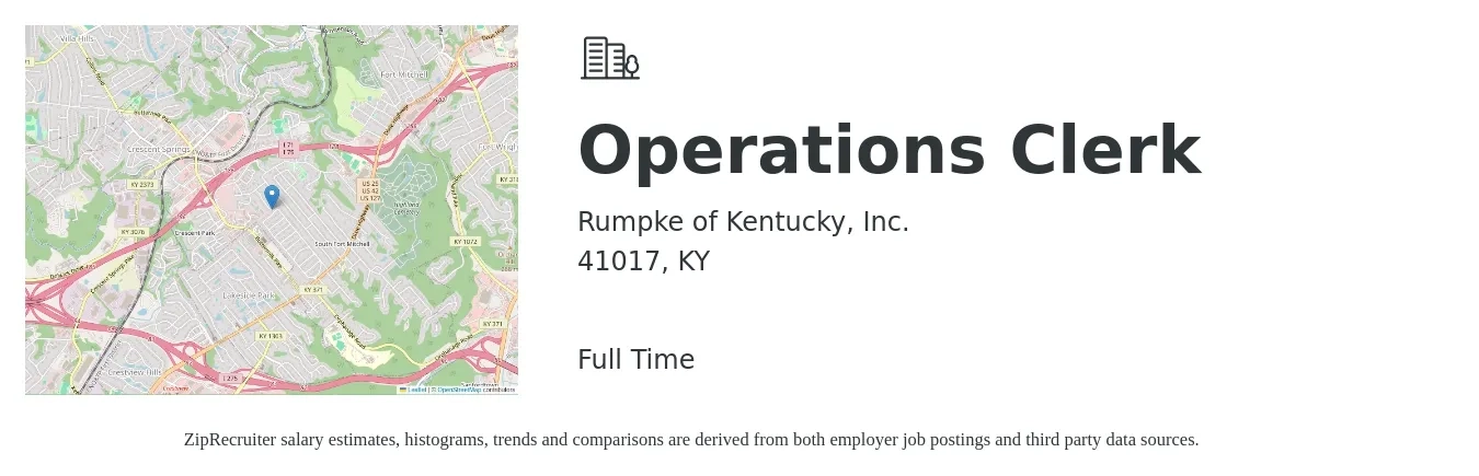 Rumpke of Kentucky, Inc. job posting for a Operations Clerk in 41017, KY with a salary of $16 to $20 Hourly with a map of 41017 location.