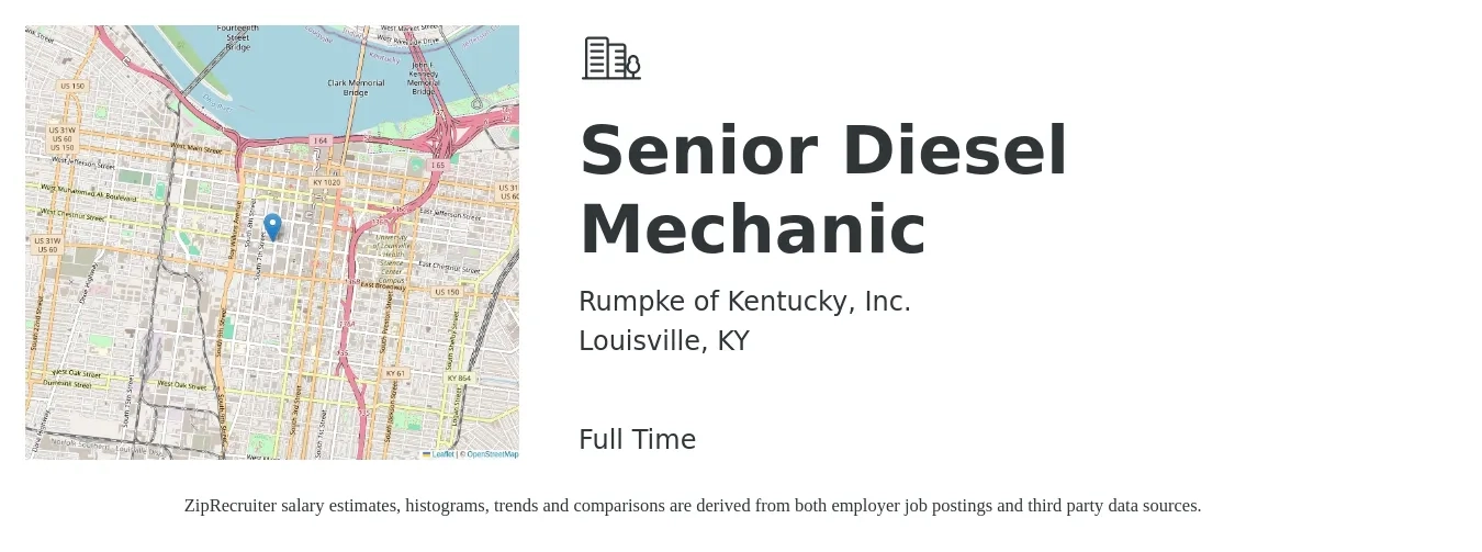 Rumpke of Kentucky, Inc. job posting for a Senior Diesel Mechanic in Louisville, KY with a salary of $24 to $36 Hourly with a map of Louisville location.