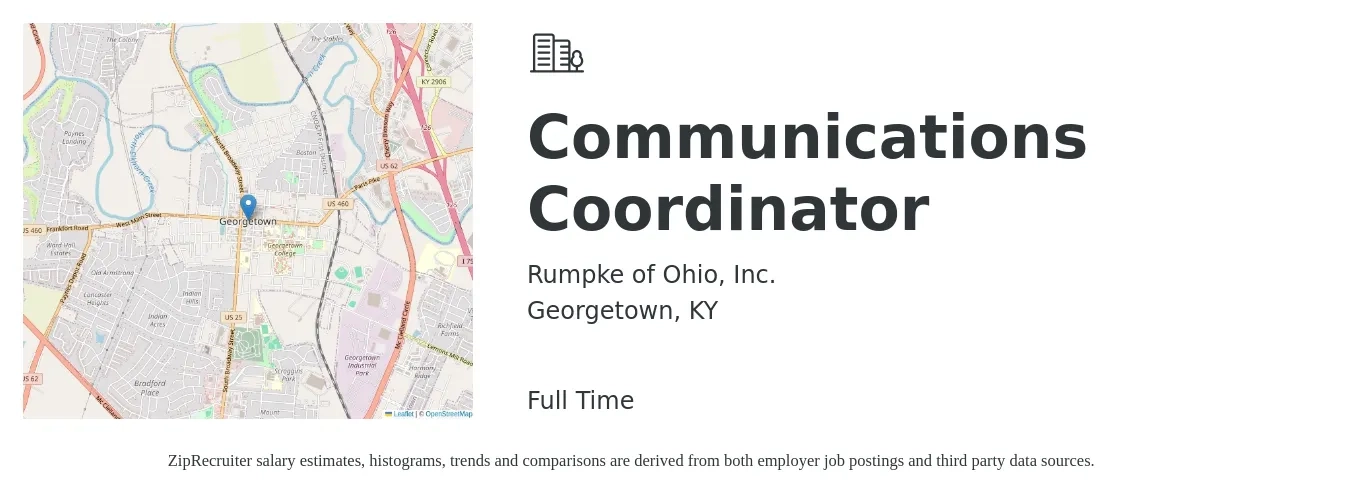 Rumpke of Ohio, Inc. job posting for a Communications Coordinator in Georgetown, KY with a salary of $42,000 to $60,500 Yearly with a map of Georgetown location.