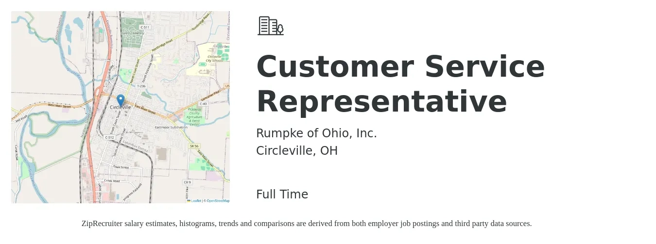 Rumpke of Ohio, Inc. job posting for a Customer Service Representative in Circleville, OH with a salary of $15 to $20 Hourly with a map of Circleville location.