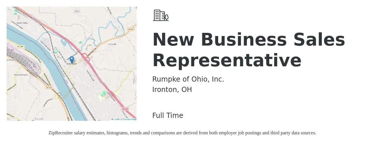 Rumpke of Ohio, Inc. job posting for a New Business Sales Representative in Ironton, OH with a salary of $38,100 to $51,500 Yearly with a map of Ironton location.