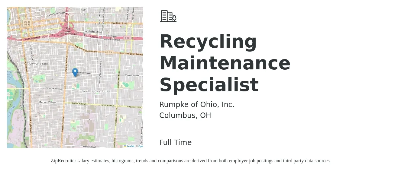 Rumpke of Ohio, Inc. job posting for a Recycling Maintenance Specialist in Columbus, OH with a salary of $20 to $28 Hourly with a map of Columbus location.
