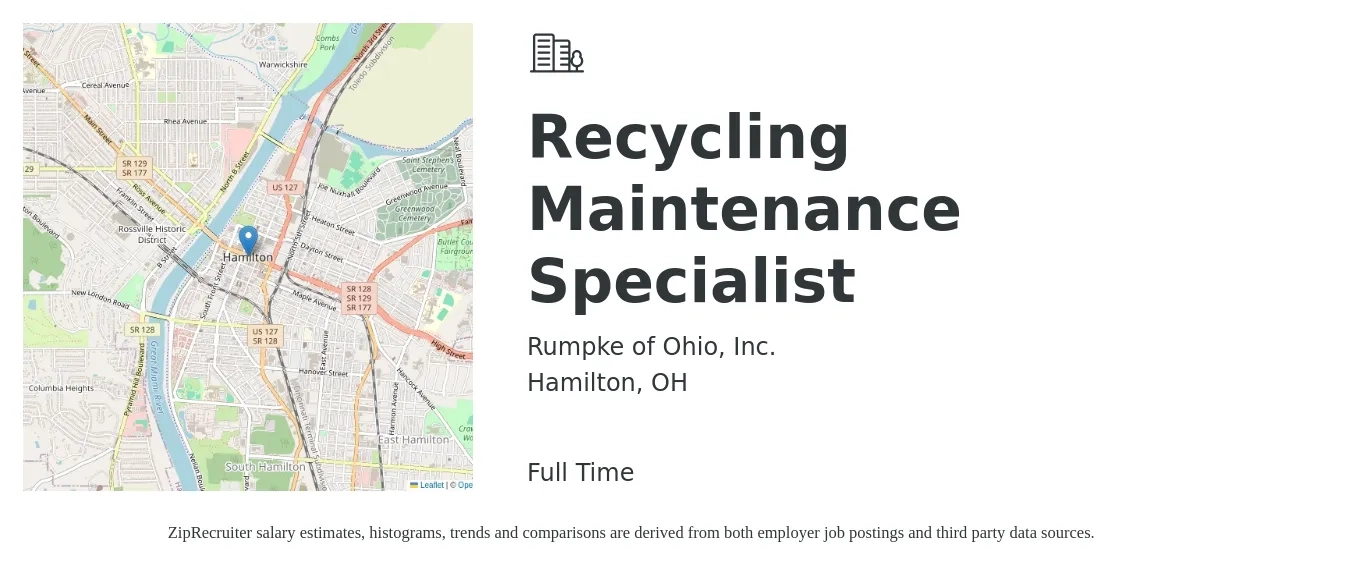 Rumpke of Ohio, Inc. job posting for a Recycling Maintenance Specialist in Hamilton, OH with a salary of $19 to $26 Hourly with a map of Hamilton location.