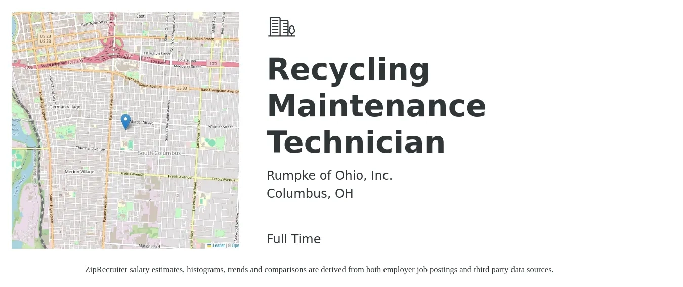 Rumpke of Ohio, Inc. job posting for a Recycling Maintenance Technician in Columbus, OH with a salary of $18 to $26 Hourly with a map of Columbus location.