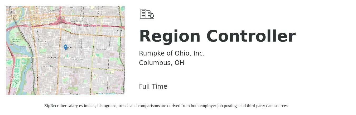 Rumpke of Ohio, Inc. job posting for a Region Controller in Columbus, OH with a salary of $93,600 to $133,700 Yearly with a map of Columbus location.