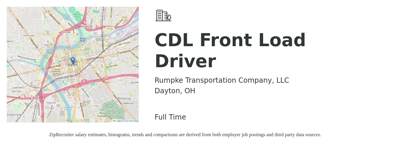 Rumpke Transportation Company, LLC job posting for a CDL Front Load Driver in Dayton, OH with a salary of $24 to $42 Hourly with a map of Dayton location.