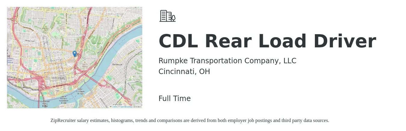 Rumpke Transportation Company, LLC job posting for a CDL Rear Load Driver in Cincinnati, OH with a salary of $24 to $41 Hourly with a map of Cincinnati location.