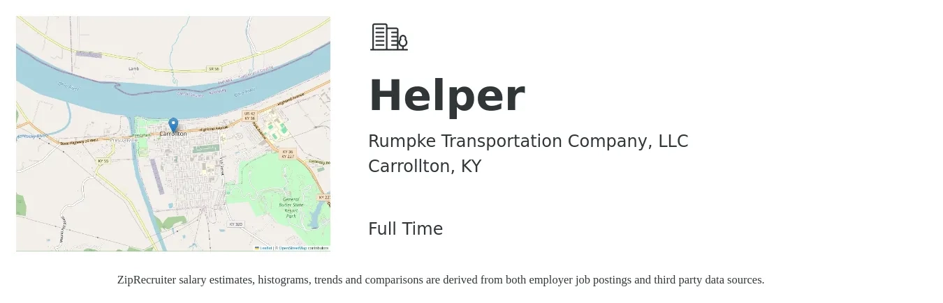 Rumpke Transportation Company, LLC job posting for a Helper in Carrollton, KY with a salary of $15 to $20 Hourly with a map of Carrollton location.