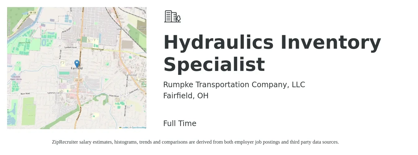Rumpke Transportation Company, LLC job posting for a Hydraulics Inventory Specialist in Fairfield, OH with a salary of $17 to $21 Hourly with a map of Fairfield location.