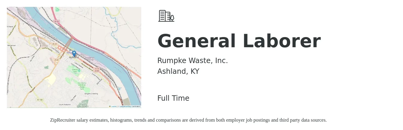 Rumpke Waste, Inc. job posting for a General Laborer in Ashland, KY with a salary of $14 to $18 Hourly with a map of Ashland location.