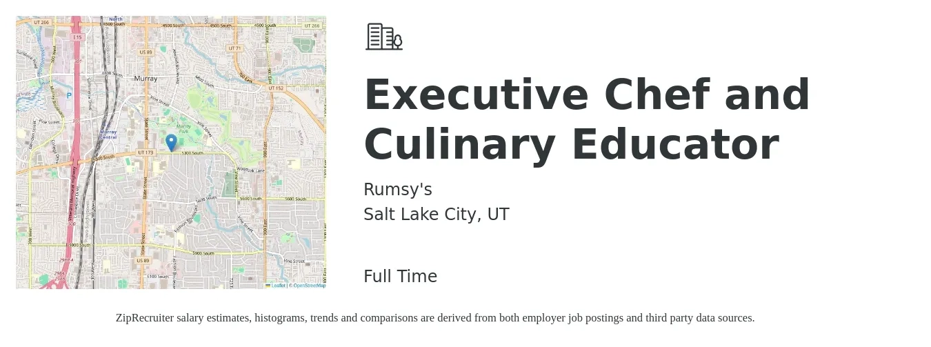 Rumsy's job posting for a Executive Chef and Culinary Educator in Salt Lake City, UT with a salary of $55,000 to $65,000 Yearly with a map of Salt Lake City location.