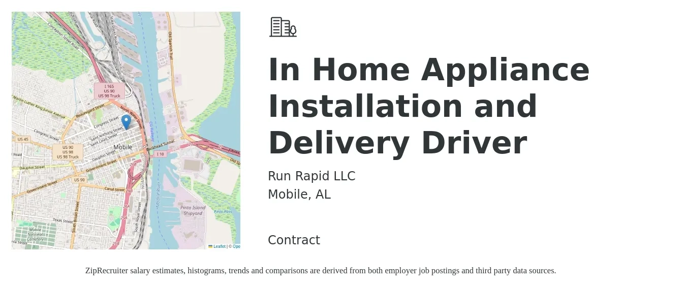 Run Rapid LLC job posting for a In Home Appliance Installation and Delivery Driver in Mobile, AL with a salary of $800 to $1,400 Weekly with a map of Mobile location.