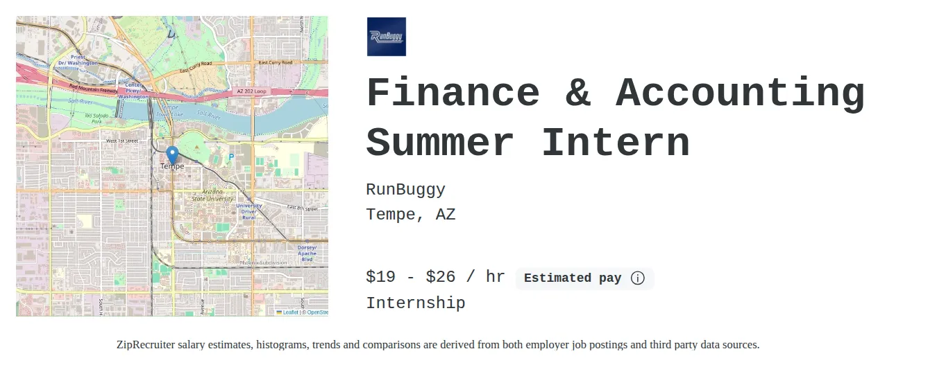 RunBuggy job posting for a Finance & Accounting Summer Intern in Tempe, AZ with a salary of $20 to $28 Hourly with a map of Tempe location.