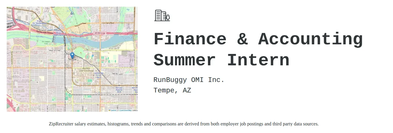 RunBuggy OMI Inc. job posting for a Finance & Accounting Summer Intern in Tempe, AZ with a salary of $17 to $22 Hourly with a map of Tempe location.
