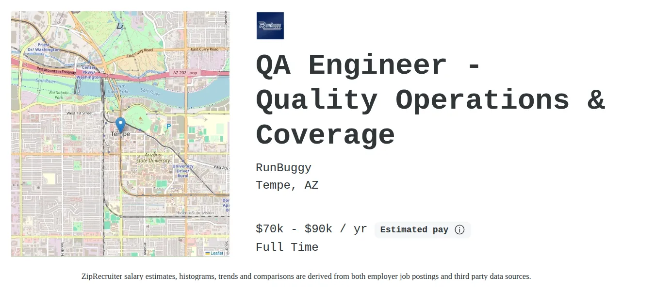 RunBuggy job posting for a QA Engineer - Quality Operations & Coverage in Tempe, AZ with a salary of $70,000 to $90,000 Annually and benefits including Medical, Vision, Dental, PTO, Life, and Retirement with a map of Tempe location.