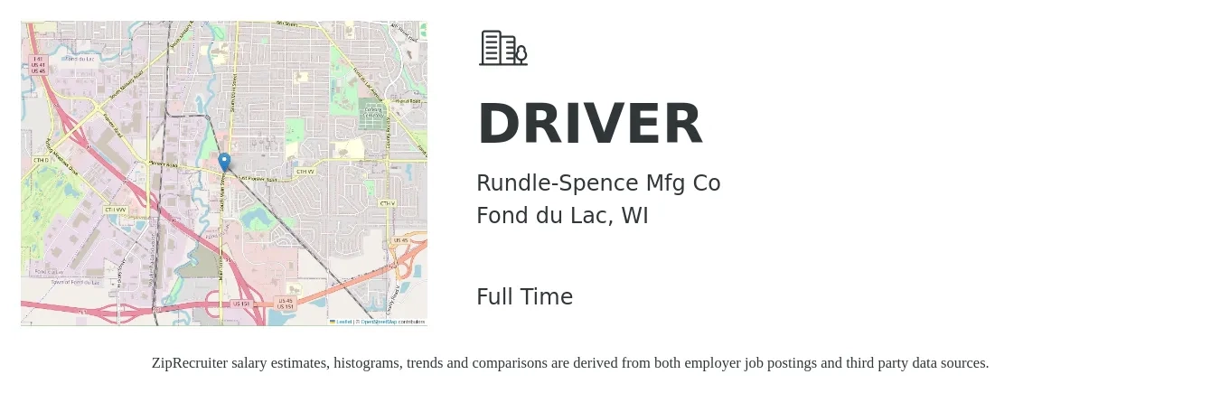 Rundle-Spence Mfg Co job posting for a DRIVER in Fond du Lac, WI with a salary of $15 to $21 Hourly with a map of Fond du Lac location.