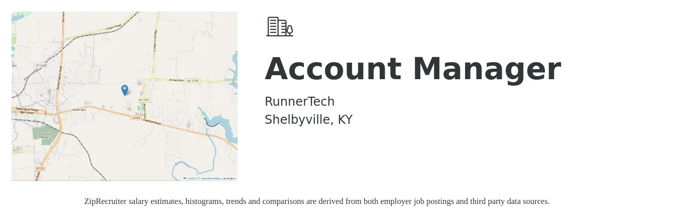 RunnerTech job posting for a Account Manager in Shelbyville, KY with a salary of $44,600 to $72,900 Yearly with a map of Shelbyville location.