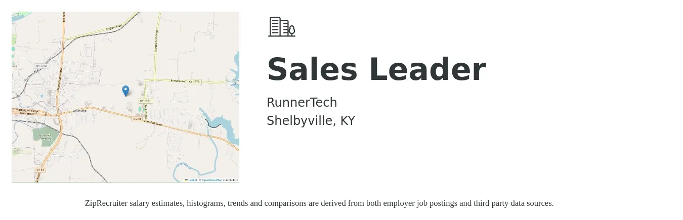 RunnerTech job posting for a Sales Leader in Shelbyville, KY with a salary of $65,000 Yearly with a map of Shelbyville location.
