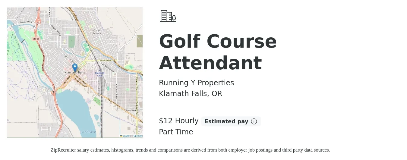 Running Y Properties job posting for a Golf Course Attendant in Klamath Falls, OR with a salary of $13 Hourly with a map of Klamath Falls location.