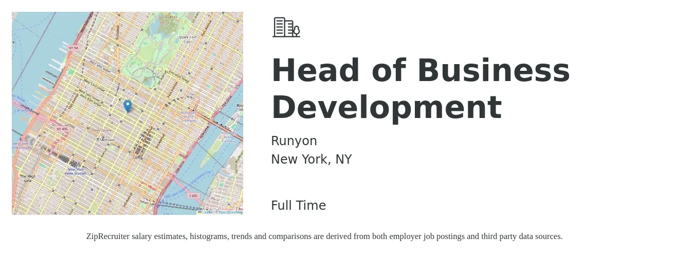 Runyon job posting for a Head of Business Development in New York, NY with a salary of $102,300 to $165,700 Yearly with a map of New York location.