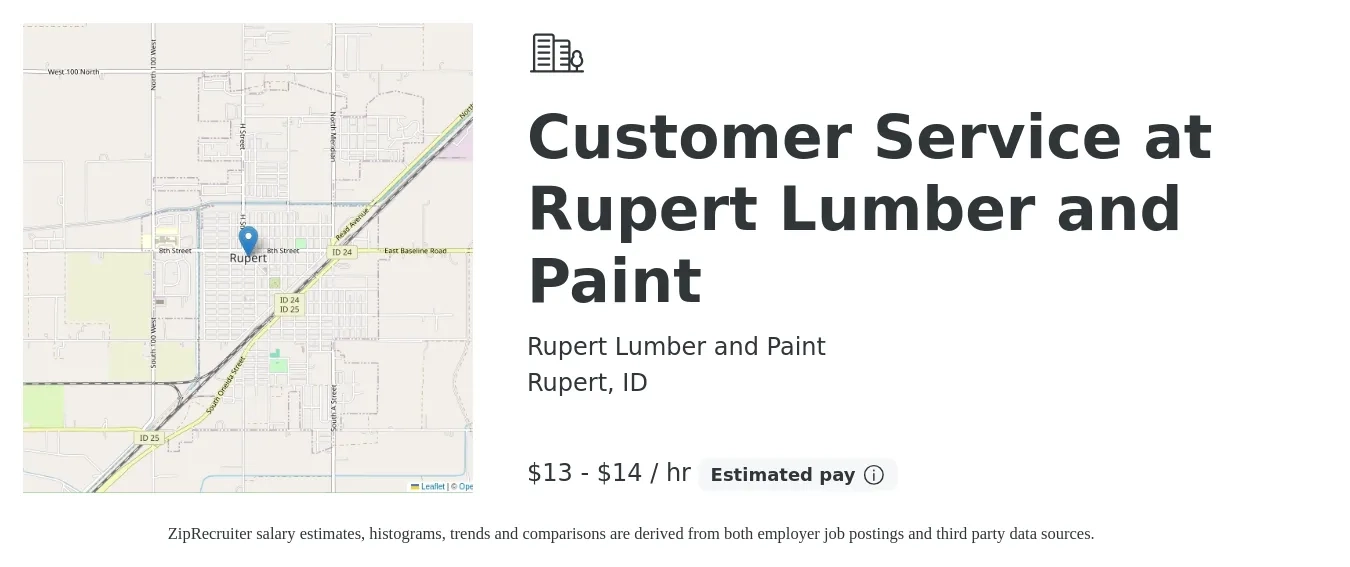 Rupert Lumber and Paint job posting for a Customer Service at Rupert Lumber and Paint in Rupert, ID with a salary of $14 to $15 Hourly with a map of Rupert location.