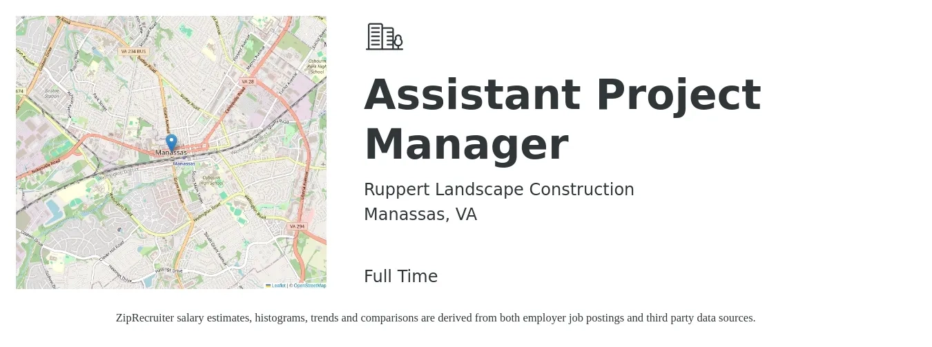Ruppert Landscape Construction job posting for a Assistant Project Manager in Manassas, VA with a salary of $53,500 to $88,000 Yearly with a map of Manassas location.