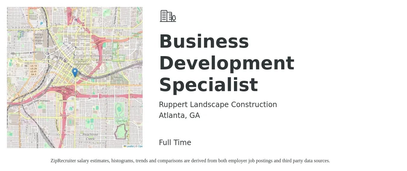 Ruppert Landscape Construction job posting for a Business Development Specialist in Atlanta, GA with a salary of $45,200 to $75,500 Yearly with a map of Atlanta location.