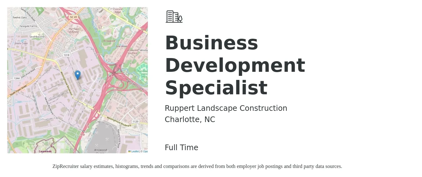 Ruppert Landscape Construction job posting for a Business Development Specialist in Charlotte, NC with a salary of $45,000 to $75,200 Yearly with a map of Charlotte location.